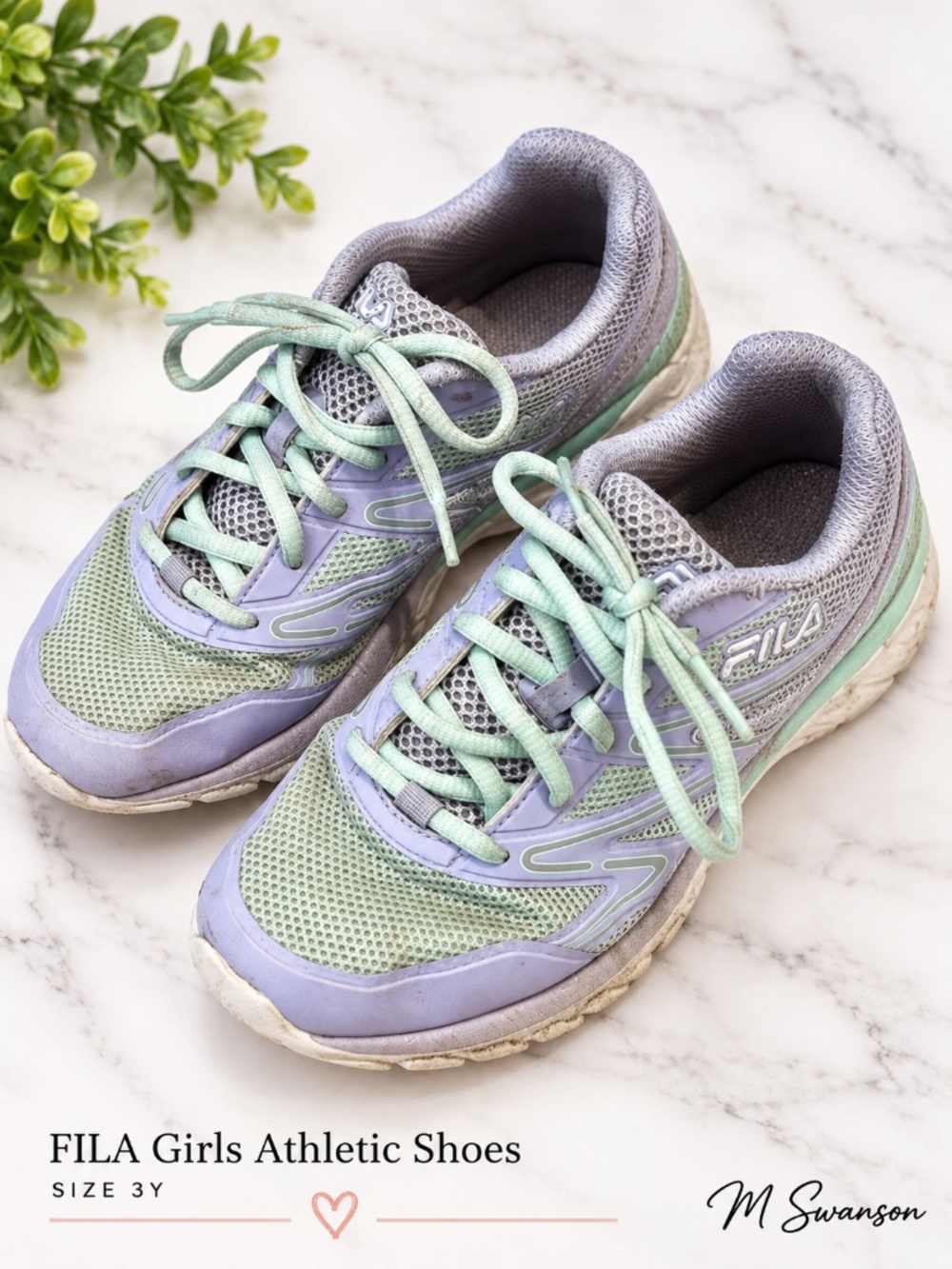 FILA Girls Athletic Running Shoes Size 3Y Lavender Mint Green Silver